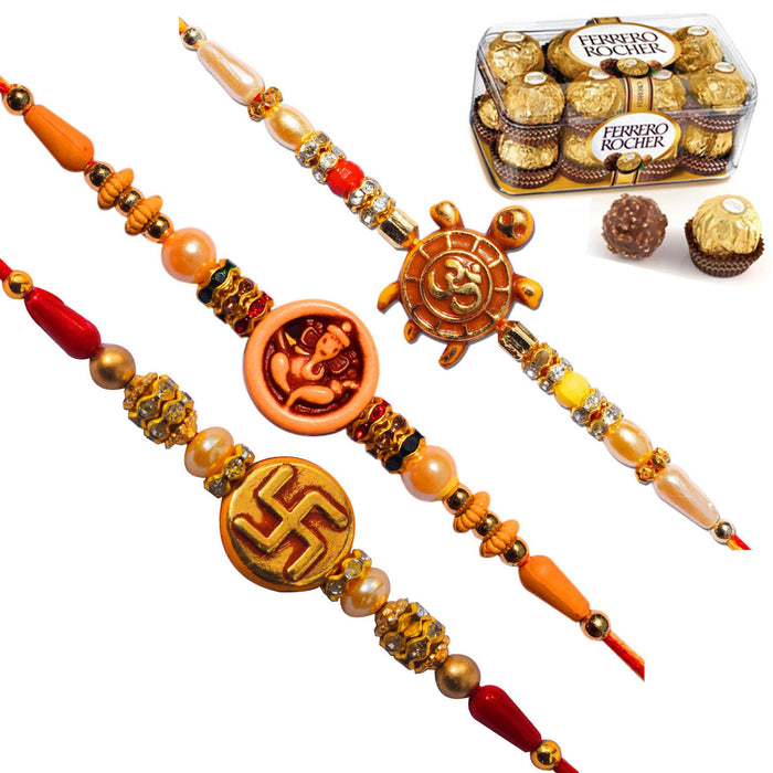 3 Rakhi - Om, Ganeshji, and Swastik Rakhis With Ferrero Rocher Chocolate Box