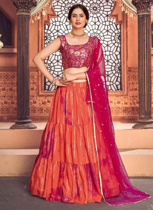 Orange Cotton Festival Wear Sequins Work Lehenga Choli