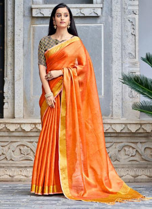 Orange Linen Tissue Party Wear Weaving Saree