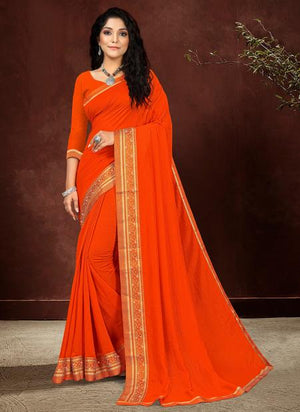 Orange Vichitra Silk Traditional Wear Stone Work Saree