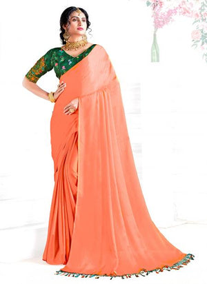 Peach Georgette Satin Party Wear Plain Saree