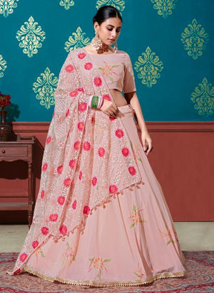 Peach Georgette Traditional Wear Foil Printed Lehenga Choli