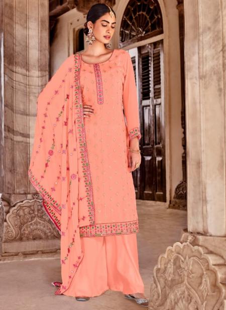 Peach Georgette Wedding Wear Embroidery Work Palazzo Suit