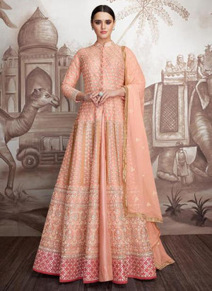 Peach Georgette Wedding Wear Embroidery Work Readymade Anarkali Suit