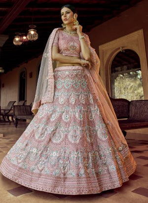 Peach Georgette Wedding Wear Sequins Work Lehenga Choli
