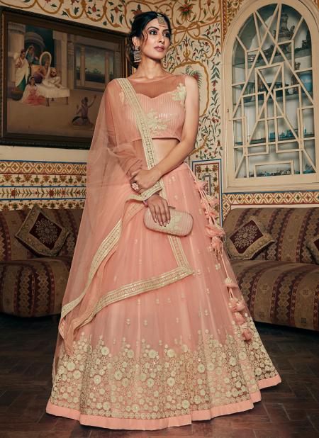 Peach Net Party Wear Sequins Work Lehenga Choli