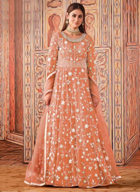 Peach Net Wedding Wear Sequence Work Anarkali Suit