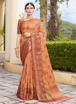 Peach Organza Festival Wear Weaving Saree