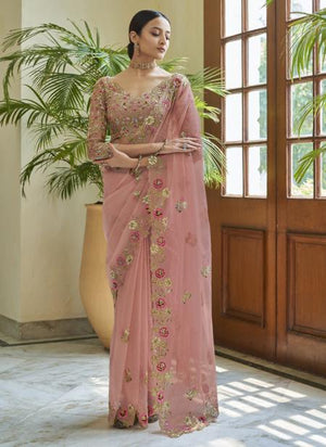 Peach Organza Party Wear Sequins Work Saree