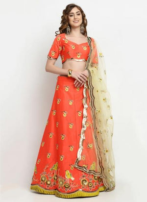 Peach Satin Silk Traditional Wear Sequins Work Lehenga Choli