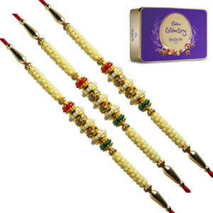 3 Rakhi - Pearl Rakhis With Cadbury Celebration Rich Dryfruit Chocolate Box