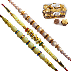 3 Rakhi - Pearl Rakhis with Ferrero Rocher Chocolates Box.