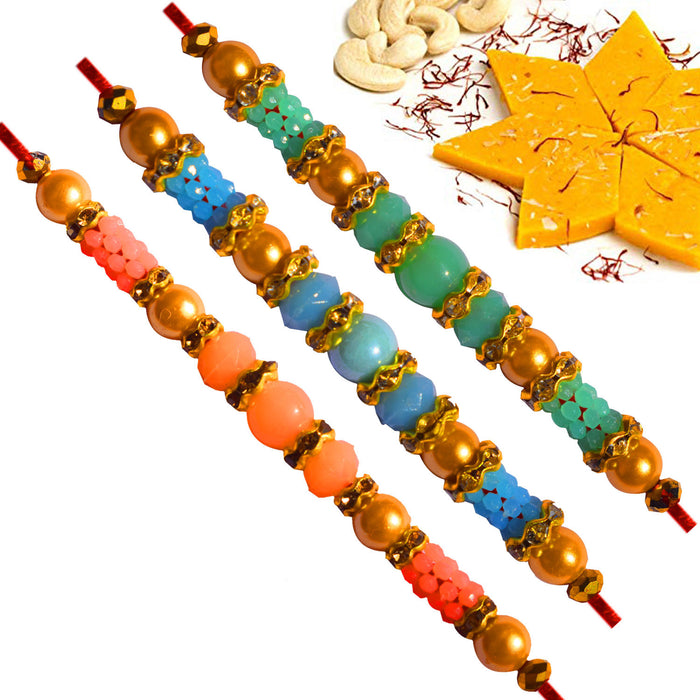 3 Rakhi - Pearls Rakhis with Multicolor Beads and Kesar Kaju Katli