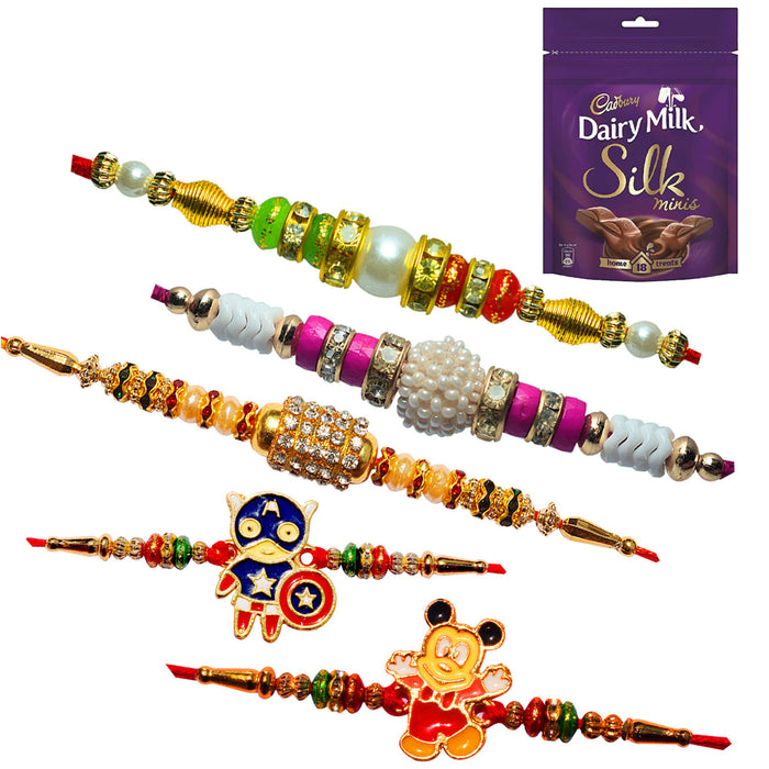 5 Rakhi - Pearls and AD with Captain America and Micky Mouse Rakhis With Cadbury Silk Mini Pack