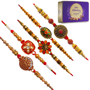 5 Rakhi - Pearls and Beads Rakhis With Cadbury Celebration Rich Dryfruit Chocolate Box