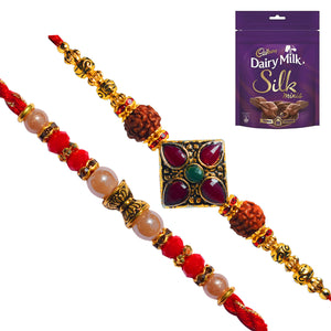 2 Rakhi - Pearls and Fancy Rakhi with Cadbury Silk Minis Chocolate Pack
