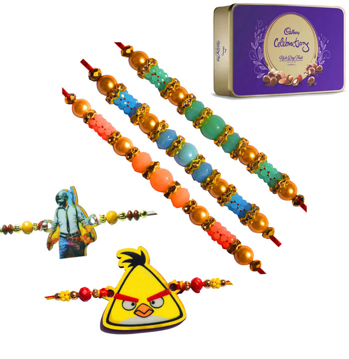 5 Rakhi - Pearls, PUBG and Angry Bird Rakhi With Cadbury Celebration Rich Dryfruit Chocolate Box