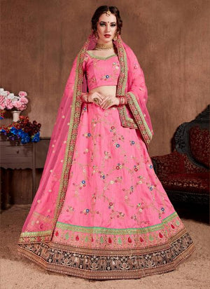 Pink Art Silk Bridal Wear Sequins Work Lehenga Choli