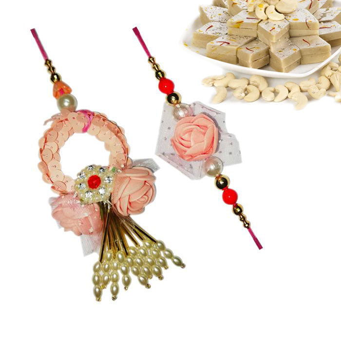 2 Rakhi - Pink Beads Couple Rakhi With Kaju Katli