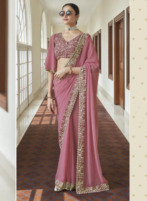 Pink Georgette Party Wear Beads Work Saree