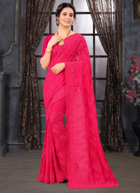Pink Georgette Wedding Wear Embroidery Work Saree