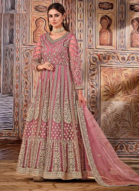 Pink Net Reception Wear Embroidery Work Anarkali Suit