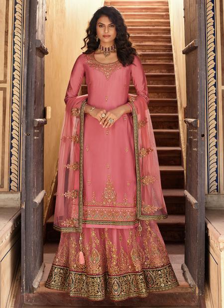 Pink Pure Chinnon Reception Wear Embroidery Work Lehenga Suit