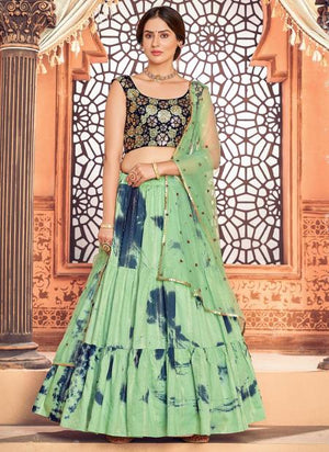 Pista Green Cotton Festival Wear Sequins Work Lehenga Choli