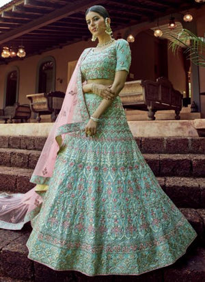 Pista Green Georgette Wedding Wear Resham Work Lehenga Choli