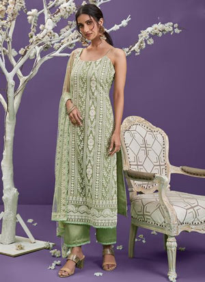 Pista Green Net Party Wear Thread Work Salwar Suit