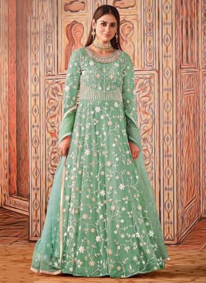 Pista Green Net Wedding Wear Sequence Work Anarkali Suit