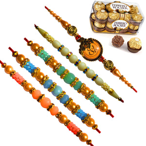 5 Rakhi - Pretty Pearl and Beads Rakhi With FERRERO ROCHER Chocolates BOX.