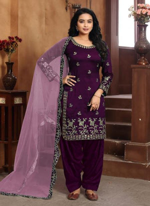 Purple Art Silk Festival Wear Embroidery Work Patiyala Suit