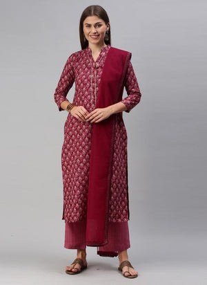 Purple Cotton Blend Daily Wear Printed Work Straight Suit
