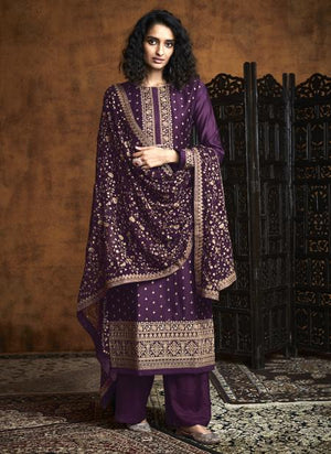 Purple Georgette Reception Wear Embroidery Work Palazzo Suit