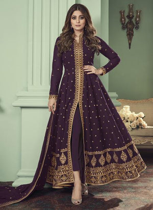 Purple Georgette Wedding Wear Embroidery Work Anarkali Suit