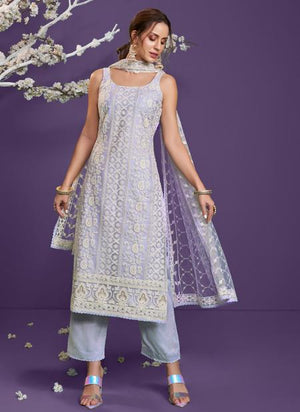 Purple Net Party Wear Thread Work Salwar Suit
