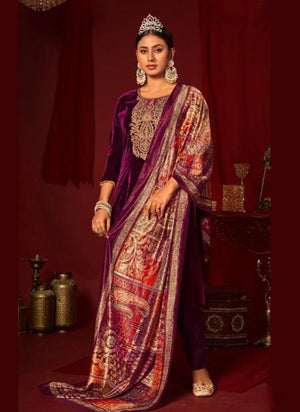 Purple Pure Velvet Traditional Wear Coding Work Salwar Suit