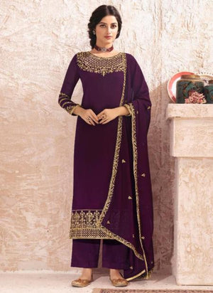 Purple Real Georgette Traditional Wear Embroidery Work Palazzo Suit
