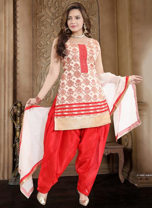 Red Banglori Silk Traditional Wear Chikan Work Readymade Patiala Suit
