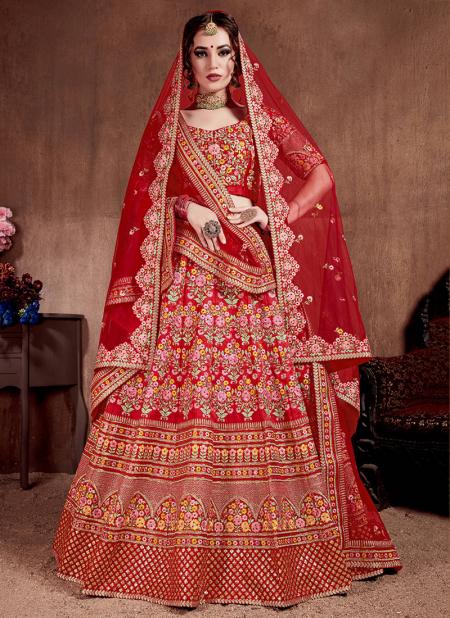 Red Mulberry Silk Bridal Wear Sequins Work Lehenga Choli