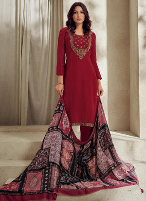Red Pure Muslin Traditional Wear Embroidery Work Straight Suit