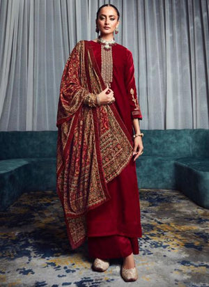 Red Pure Velvet Festival Wear Coding Work Palazzo Suit