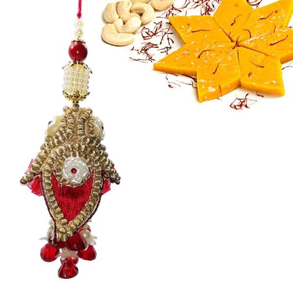 1 Rakhi - Red Stone Fancy Lumba Rakhi For Ladies With Kesar Kaju Katli