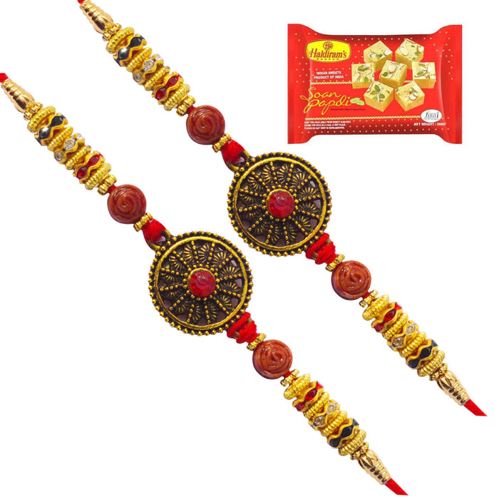 2 Rakhi - Round Pendant Rakhi Set with Fresh Soan Papdi