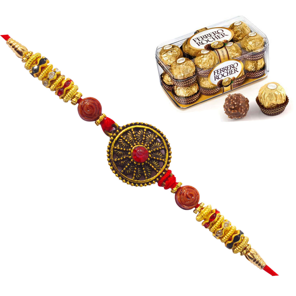 1 Rakhi - Round Pendant Rakhi With Ferrero Rocher Chocolate Box Or Kaju Katli
