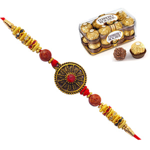 1 Rakhi - Round Pendant Rakhi With Ferrero Rocher Chocolate Box Or Kaju Katli