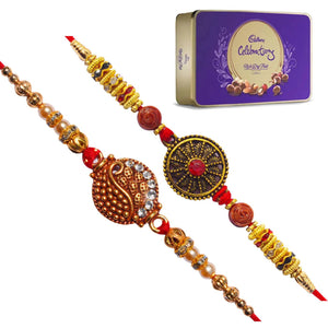 2 Rakhi - Round Pendant Rakhis With Cadbury Celebration Rich Dryfruit Chocolate Box