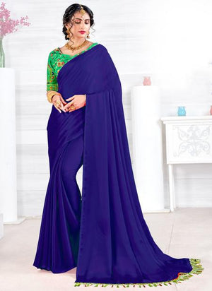 Royal Blue Georgette Satin Party Wear Plain Saree
