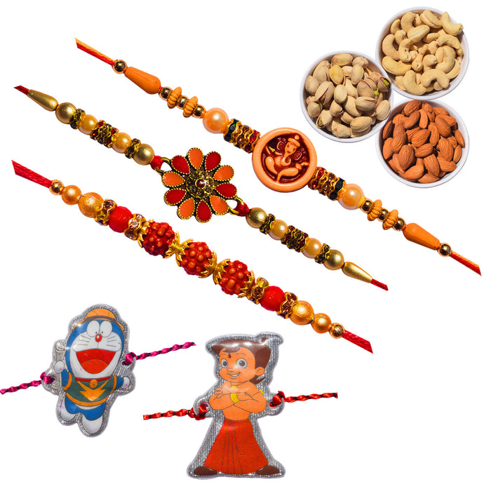 5 Rakhi - Rudraksh, Ganeshji, Fancy Rakhi with Kids Rakhi Set And Dryfruit Combo Box